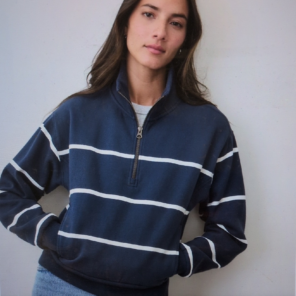 Marine Layer Navy and White Striped Half-Zip Cowl Sweatshirt